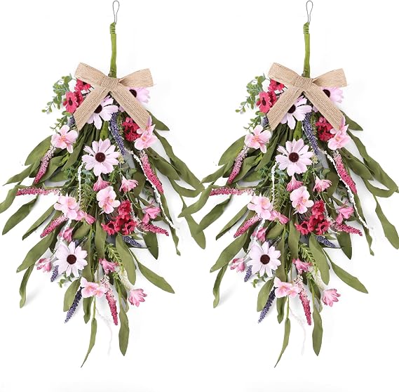 22" Summer Wreaths for Front Outdoor2 PCS Door Wreaths for Front Door Outside All Season Pink Flower Wreath for All Season Outside Indoor Outdoor Home Decor Decorations Holiday