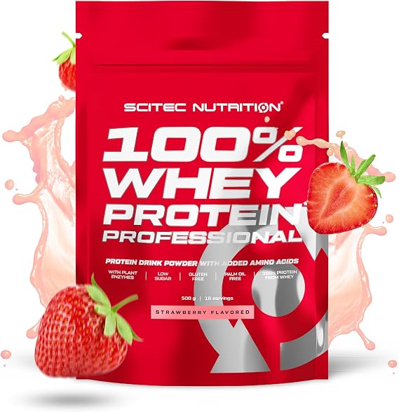 Scitec Nutrition 100% Whey Protein Professional – Enhanced with Extra Amino Acids & Digestive Enzymes – Gluten-Free – Palm Oil Free, 500 g, Strawberry