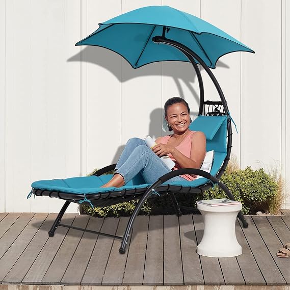 Hammock Chair Lounge Chair w/Waterproof Canopy, Patio Swing Lounge Chair Hammock Arc Stand Air Porch Stand, Swing Recliner Chair w/Headrest for Garden Backyard Porch Patio Pool Blue