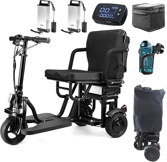 New Portable Folding Mobility Scooter, 3-Wheel Foldable Mobility Scooter for Adults & Seniors, with 2 Long-Range Lithium Battery, 300lbs Capacity, Lightweight with Basket & Cup Holder