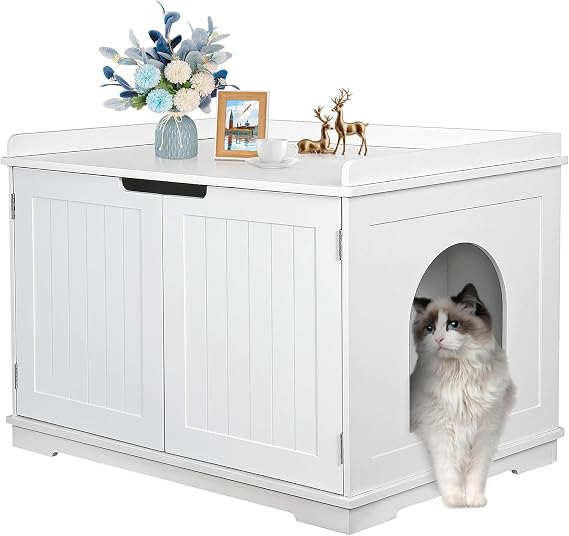 Pet Republic Hidden Cat Litter Box Enclosure Cat Litter Box Furniture Washroom House Table Nightstand (White)