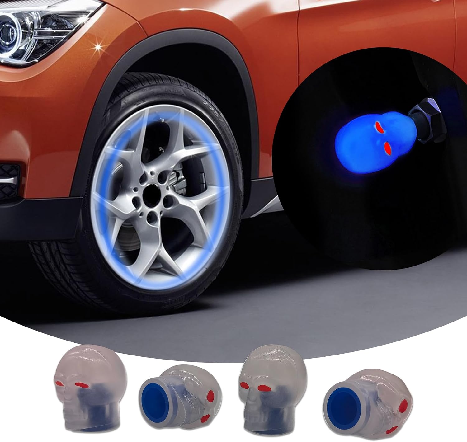 4 Pcs Car Tire Valve Stem Caps, Noctilucent Skull Automobile Tire Valve Stem Caps, Fluorescent Skull Tire Valve Stem Caps, Glow in The Dark Tire Valve Caps for Most Cars, Motorcycles, Trucks Blue