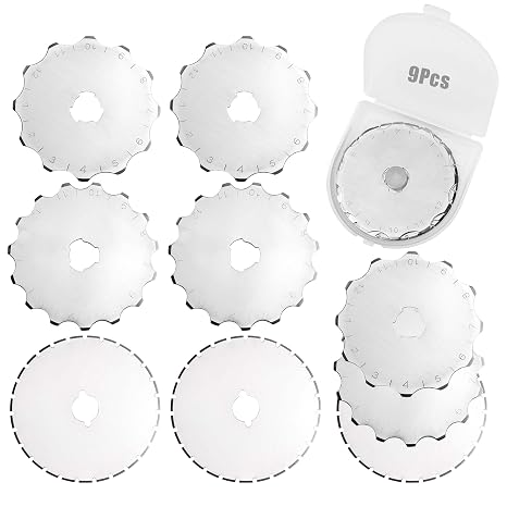 Yakamoz 45mm Crochet Edge Rotary Cutter Blades - 9Pcs Skip Stitch Blade Perforating Replacement Rotary Blades Fits for Fiskars Olfa, Fabric Leather Paper Cutting Tool (12, 15, 27 Teeth)