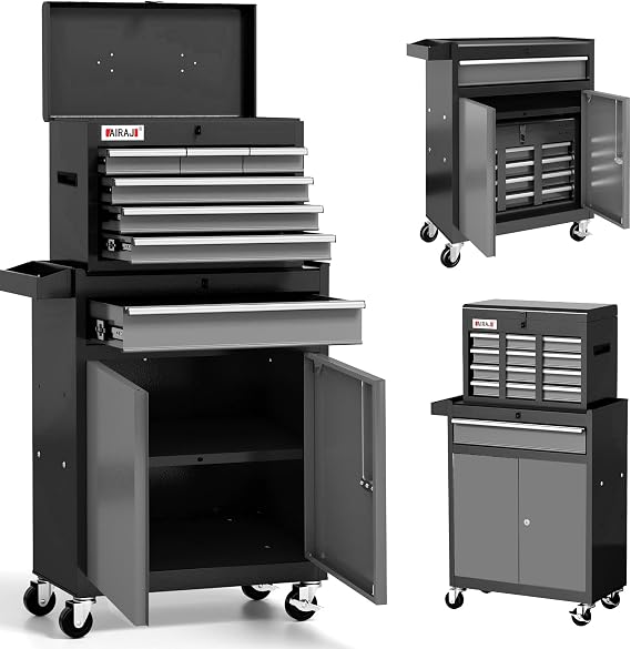 AIRAJ Tool Chest 7-Drawer | 40'' H Rolling Tool Chest with Wheels | Detachable Top Metal Tool Box | Garage Storage Cabinet for Repair Room,Warehouse | Rolling Tool Box with Hooks,Liners,Tray Divider
