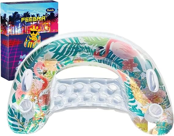 Vibrant Flamingo Inflatable Pool Lounger with Glitter, Luxury Floating Water Chair with Backrest & Cup Holders, Aesthetic Tropical Pool Floaties for Summer Party, Beach & Vacation Essentials