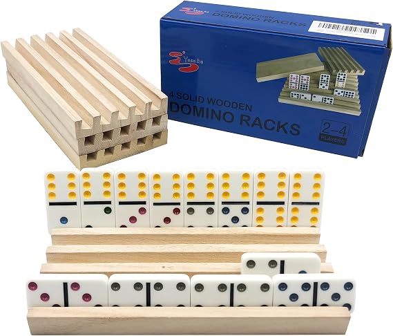 Yuanhe Domino Holder Trays Rack - Set of 4 Wooden Tiles Stand Holders for Mexican Train Rummy Chickenfoot