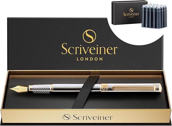 Scriveiner Luxury Fountain Pen - Stunning Black Lacquer Pen, Real Gold Plating, Schmidt Gilded Nib (Extra Fine) Bundle with Fountain Pen Ink Cartridges - Blue - 20 Standard International