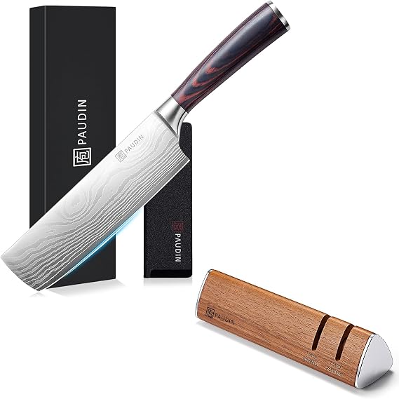 PAUDIN Nakiri Knife - 7" + Walnut Knife Sharpener