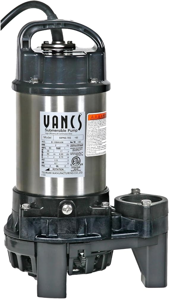 Tsurumi Pump 8PN (50PN2.75S) 1hp, 115V, Submersible Pond & Waterfall Pump, Stainless Steel, 5550 GPH. 2"" Discharge"