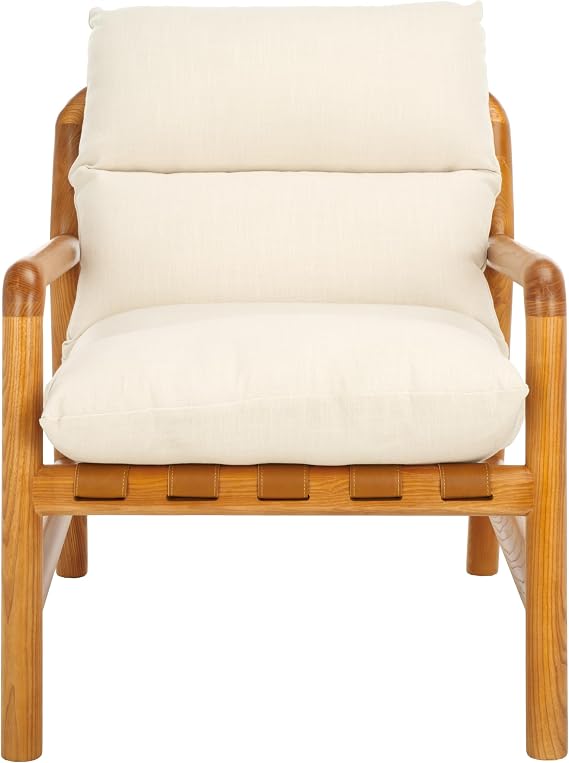 SAFAVIEH Home Collection Claxton Bone/Natural Solid Wood Accent Chair with Removable Cushion (Fully Assembled)