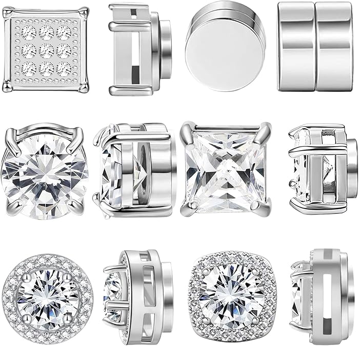NEWITIN 6 Pairs Stainless Steel Magnetic Stud Earrings for Men Clip on Earring Magnetic Earring Unisex Non Piercing CZ Magnet Studs Diamond Earrings for Women Men