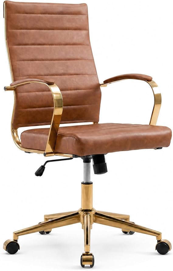 Okeysen Gold Office Desk Chair, Ergonomic Leather Modern Conference Room Chairs, Executive Ribbed Height Adjustable Swivel Rolling Golden Chair for Home Office.