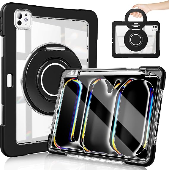 for iPad Pro 11 Inch Case (M5) 2025/ (M4) 2024 (Model: A3357,A3358,A3359,A2836/A2837/A3006), Shockproof Protective Case with 360 Rotating Kickstand/Handle,Pen Slot,HD Screen Protector (Black)