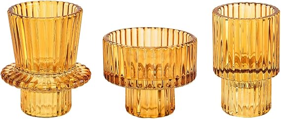 Candle Holders Set of 3, Votive Glass Candle Stick Holders, Pillar Taper Decor Centerpiece for Table,Crystal Tea Light Candle Holders for Home Dinning Wedding Party Festival (3, Amber)