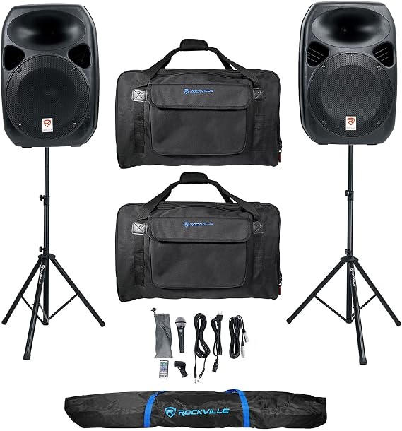 Rockville RPG122K Dual 12" DJ PA Speakers Bundle with 2 TB12 v2 Carry Bags | 1000W Peak / 250W RMS, Bluetooth, USB/SD/FM, XLR/RCA Inputs, RVSS2 BAG Stand Carry Bag, Wired Microphone, Karaoke, 4-Items
