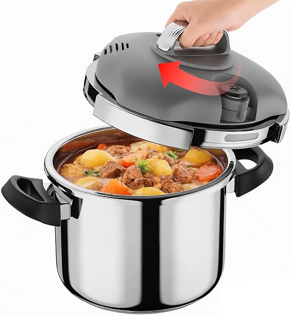 Pressure Cooker Stainless Steel,One-Hand Locking/Rotating Lock,Compatible with Gas & Induction, Fast Cooking for Large Meals,Dishwasher Safe,Olla de Presion (12 Quatrs)