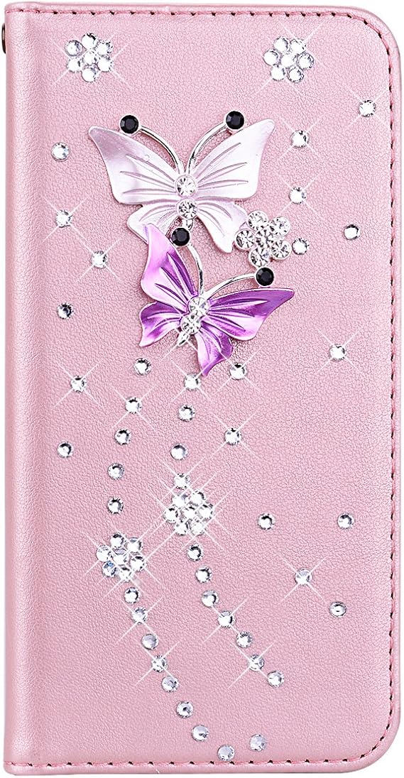 Glitter Wallet PU Case for INFINIX HOT 30i, Rose Gold Solid Color Flip Case with Strass Rhinestone Bling Bling Diamond 3D Butterflies Pattern Folio Wallet Cover for INFINIX HOT 30i