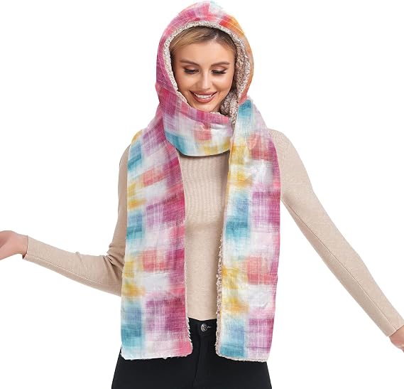 Pashmina like scarfs for women winter fashion Tie Dye Plaid Abstract Multicolor Hooded With Pockets Hat Gloves set bufandas de mujer elegantes para frio for office