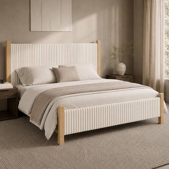 HOMBCK Full Bed Frame with Headboard, Solid Wood Bed Frame Full, Corduroy Upholstered Design, No Box Spring Needed, Noise-Free, Easy Assembly for Teens, Apartments, Beige