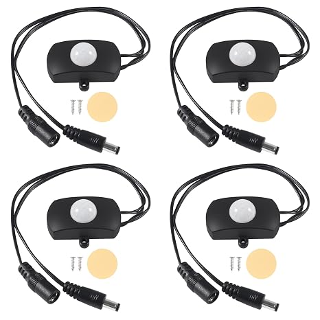 4Pcs DC 5V-24V 5A PIR Motion Activated Sensor Light Switch Occupancy Motion Sensor with DC Coupler Cable for LED Strip Light Kitchen Bathroom Storehouse