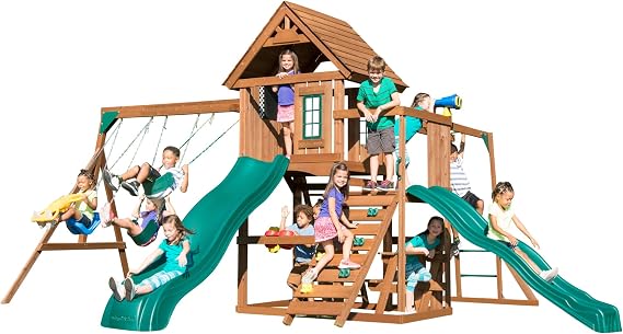 Swing-N-Slide WS 8354 Knightsbridge Super Wooden Swing Set with Two Slides, Play Set, Monkey Bars, Climbing Wall, Music Play & Climbing Wall, Wood, Green