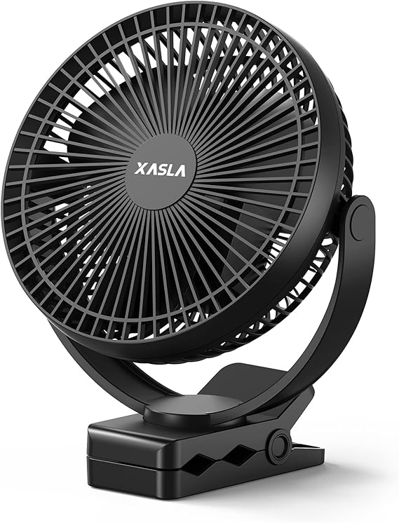 Xasla 10000mAh Portable Clip on Fan, 8 inch, Rechargeable Battery, Black