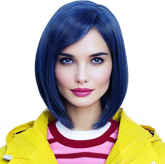 Linfairy Cosplay Dark Blue Bob Short Straight Synthetic Wig for Women Halloween Costume Party Cosplay Wig