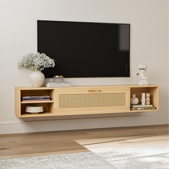 IKIFLY Floating TV Stand with Rattan Door and Large Storage TV Shelfs, Wood