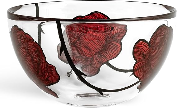 Kosta Boda 8.8" Tattoo Serving Bowl, Hand-Painted Glass - Rose Tattoo Inspired, Wide & Shallow Bowls, For Salad, Popcorn, Chip and Dip, Fruit, Red/Clear