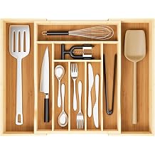 Expandable and Adjustable Bamboo Drawer Organizer Tray - Cutlery Drawer Organizer for Kitchen Utensils, Silverware Organizer with Dividers, 7-9 Slots with Curved Grooves (Natural)
