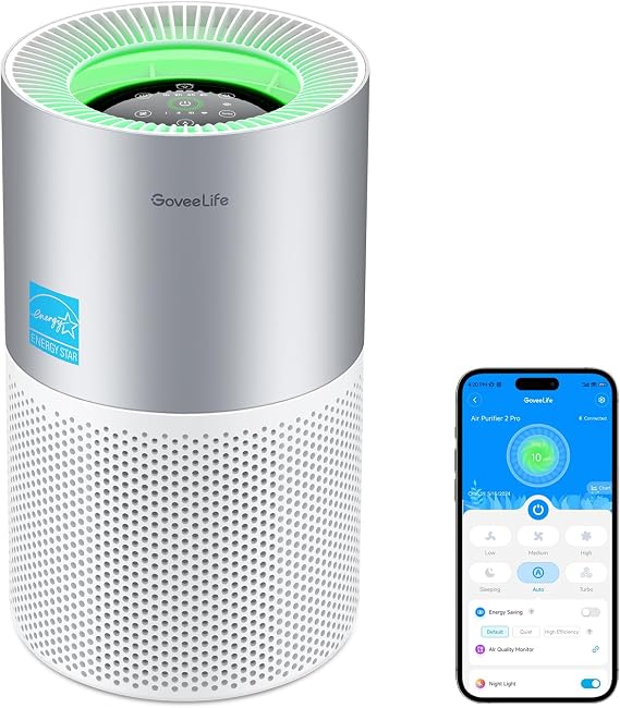 GoveeLife Air Purifier for Bedroom, Covers up to 1162ft2, 24dB Sleep Mode | Smart Air Purifier with App & Alexa Control, RGB Night Light, PM2.5 Sensor Air Purifier for Pet Hair, Pollen, Dust, Smoke