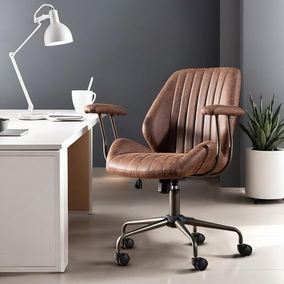 Mid Back Home Office Chair, Mid Century Modern Leather Computer Desk Chair, Comfy Executive Rolling Swivel Task Chair with Wheels Armrest Height Adjustable,Dark Brown