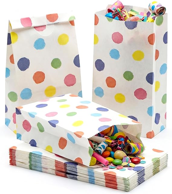 VGOODALL 24 Pack Small Polka Dot Party Favor Bags with Stickers - 8.7"x4.7"x3.1" Rainbow Confetti Goodie Bags, Colorful Watercolor Dot for Kids Birthday, Baby Shower & Gift Packaging
