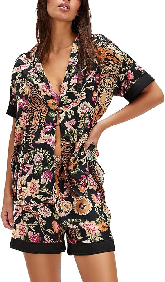 Women Silk Pajamas Floral Satin 2 Piece Pajama Sets