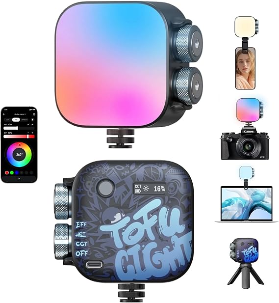 PHOTOOLEX RGB Video Light, Magnetic Small LED Panel Selfie Light w Cold Shoe Mount & Clip & Mini Tripod, 360 Full Color/CRI 96+/21 Scenes/2500-9900K/2000mAh, Portable Recording Photography Lighting