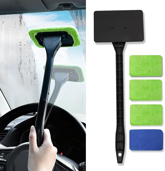 Car Windshield Cleaning Tool, Microfiber Window Cleaner with Long Handle & 4 Washable Reusable Cloth Pads, Auto Home Glass Wiper for Interior Exterior