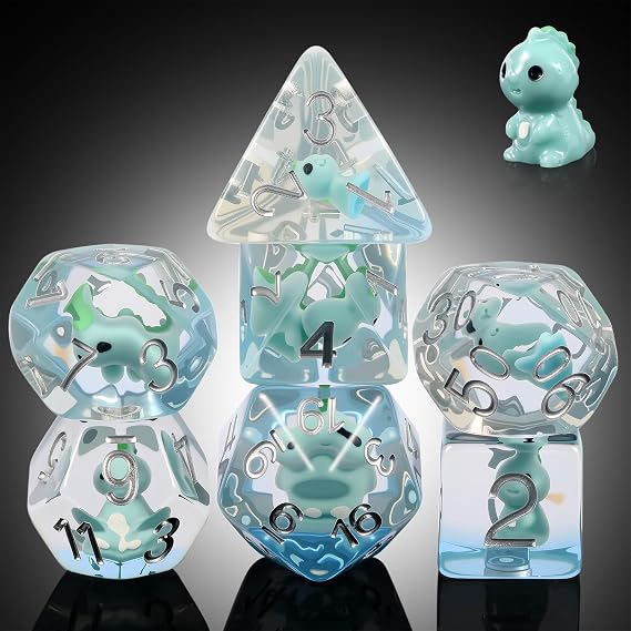 Dinosaur D&D Dice Set 7PCS Polyhedral Dice for Dungeons and Dragons, D&D RPG Resin Dice with Silver Numbers in Gift Velvet Bag for DND Players(Dinosaur