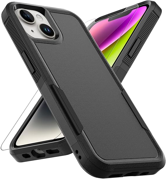 MDCN Heavy Duty Phone Case: Dual Layer Protective, Shockproof, Rugged Bumper Tough with Screen Protector - 16FT Military Grade Drop Tested for iPhone 14 / iPhone 13, Black