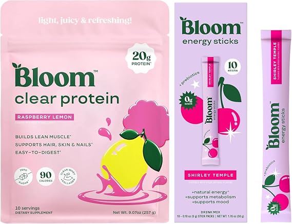 Bloom Raspberry Lemonade Clear Protein and Shirley Temple Energy Packets Bundle