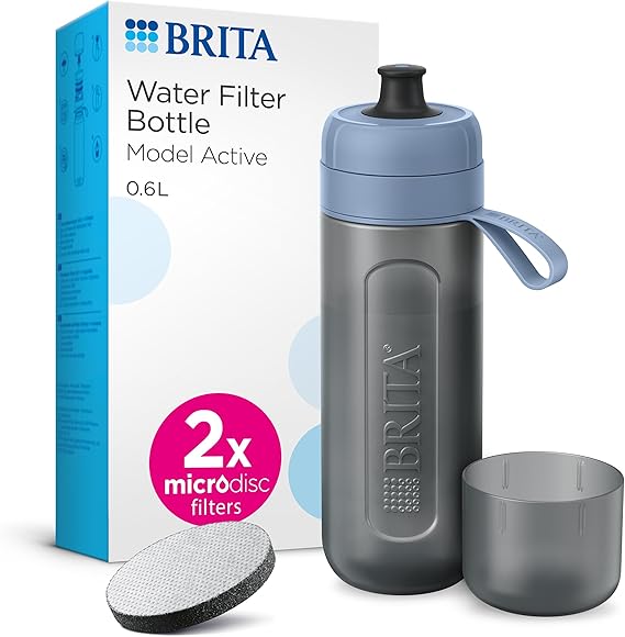 BRITA Sports Water Filter Bottle Model Active (600ml), 2x MicroDisc Filters | Dark Blue | squeezable sports bottle reducing PFAS, chlorine, micro impurities & more for on-the-go, travel, biking & hiking