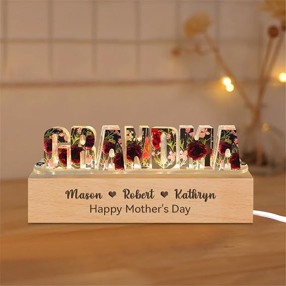 Personalized Grandma Resin Flower Lamp Custom Resin Letter Lights with 1-15 Name Epoxy Resin Night Light Dry Flower Light Women Mothers Day Christmas Birthday Gifts from Daughter Son