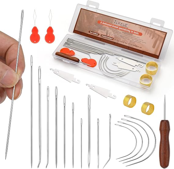 TLKKUE 22 Pcs Heavy Duty Sewing Needles Kit with Hand Sewing Needles | Curved Needles Awl Threaders, Sewing Needles for Cloth Upholstery Leather Sofa Seats Tents Canvas Repair