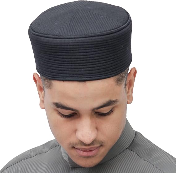 TheKufi Black Semi-Rigid Kufi Cap Padded Round-top Straight-Stitch Prayer Hat