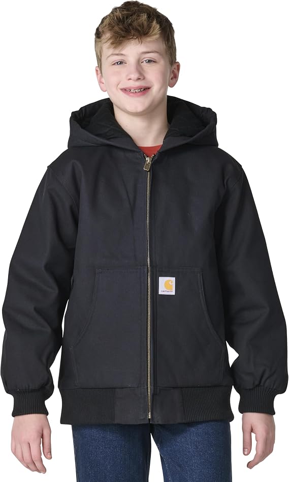Carhartt Boys FlannelLined Hooded Canvas Insulated ZipUp Jacket | Polyester Blend | Quilted Polyester Brushed Tricot-Lined Main Body | Everyday Wear