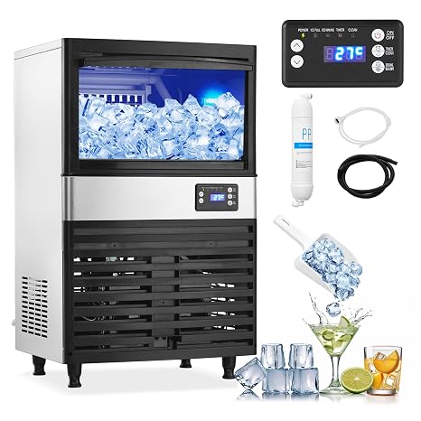 Commercial Ice Maker Machine, 150lbs/24H with 27 lbs Stainless Steel Under Counter Ice Storage Capacity, LED Digital Display Freestanding Ice Maker for Restaurant Home Bar Office, 2 Water Inlet Modes