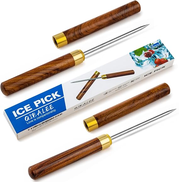 Ice Pick 2Pcs. Ice Picks for Breaking Ice. 9 Inches Length. Secure Wooden Caps and Non-slip Wooden Handles. Easy to Store. For Use in Kitchen Bars Bartender Picnics Camping& Restaurant
