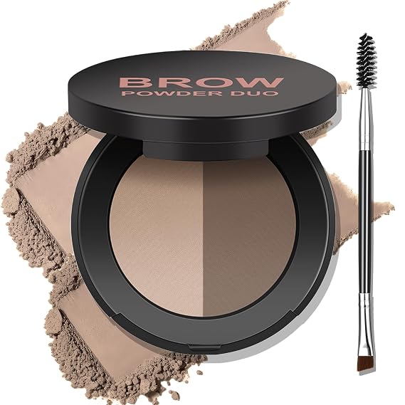 2 Colors Eyebrow Powder Duo, Medium Brown Eyebrow Palette for Define & Filling Natural Brows, Long Lasting Blending Easily Eye Brow Powder for Women with Brush, Compact Eyebrow Kit with Mirror