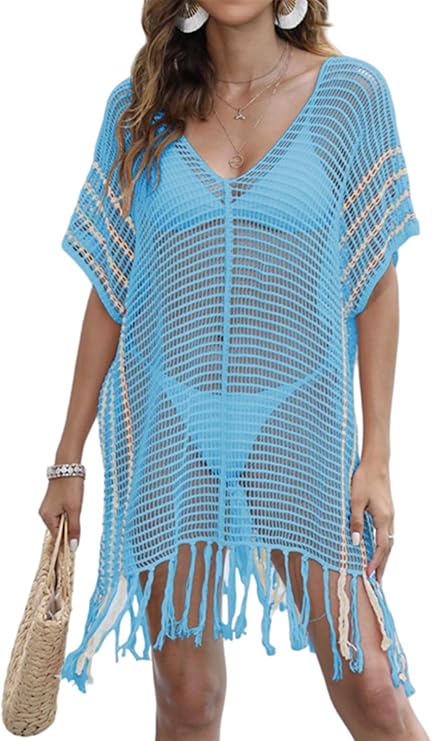 Women's Swimsuit Cover Up Crochet Beach Dress Tassel Knit Bikini Swimwear Bathing Suit Coverup Dress