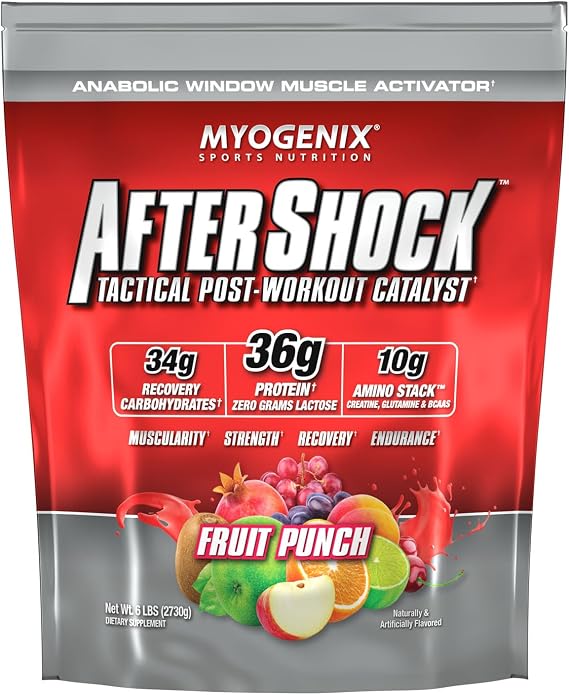 Myogenix Aftershock Post Workout Advanced Recovery Protein Powder Speeds Up Muscle Growth, Replenishes Glycogen 1:1 Protein-to-Carb Ratio, Creatine, Glutamine & BCAAs Fruit Punch (6lbs)