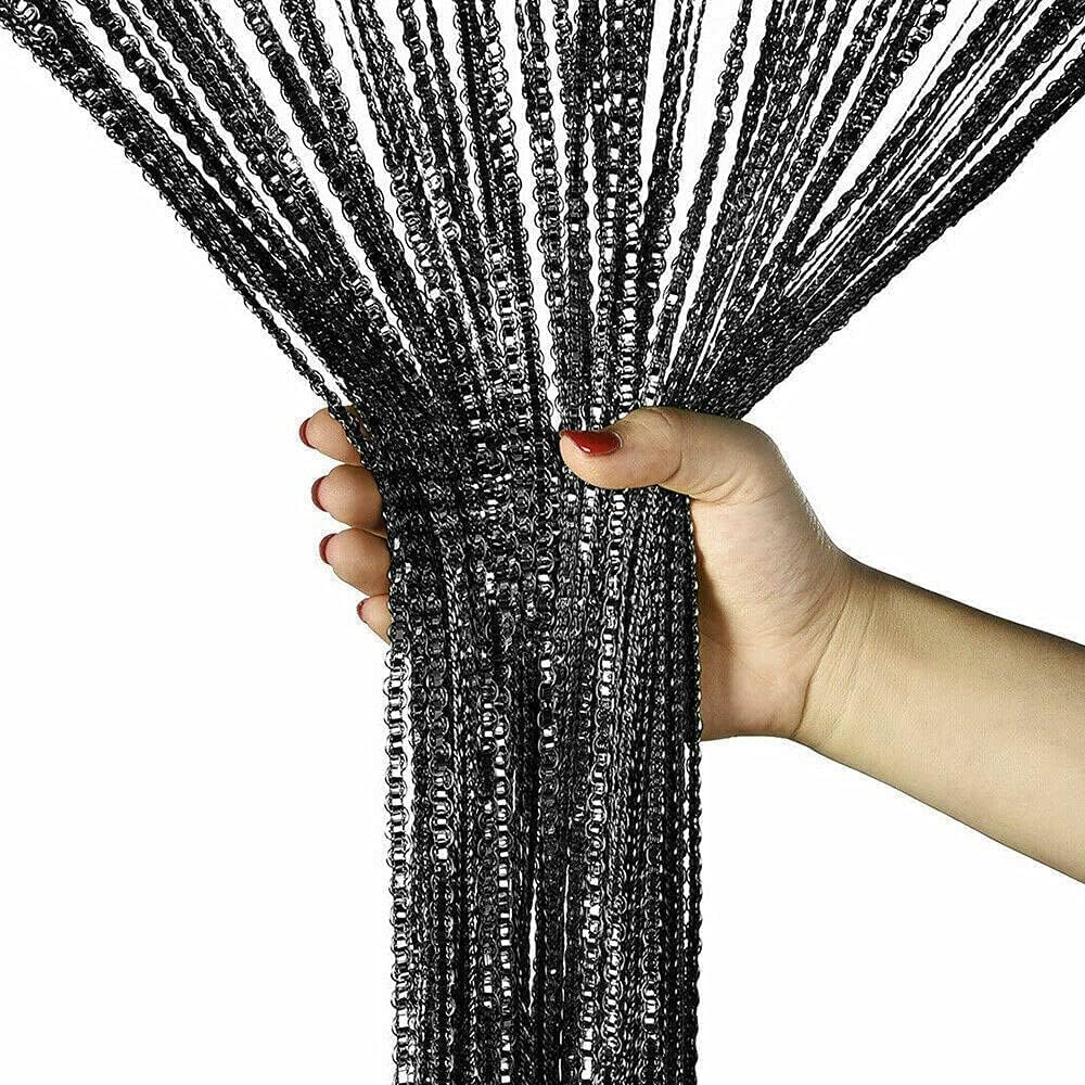 String Curtain Panels Door Fly Screen Room Divider Net Hanging Glitter Curtains,Decorative Tassel Ribbon Strip Silver Screen for Living room,Bedroom,Party Events (Black, 39" x 79")